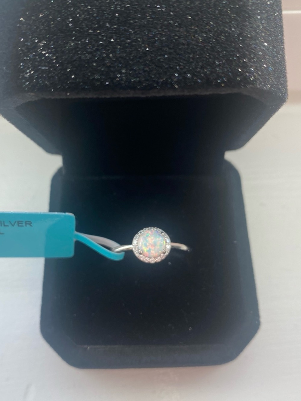 Round Cut White Opal Ring with Halo